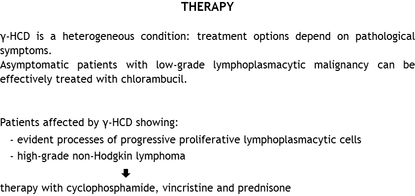 THERAPY γ-HCD is a heterogeneous condition: treatment options depend on pathological symptoms.
Asymptomatic patients with low-grade lymphoplasmacytic malignancy can be effectively treated with chlorambucil. Patients affected by γ-HCD showing:
- evident processes of progressive proliferative lymphoplasmacytic cells - high-grade non-Hodgkin lymphoma È
therapy with cyclophosphamide, vincristine and prednisone