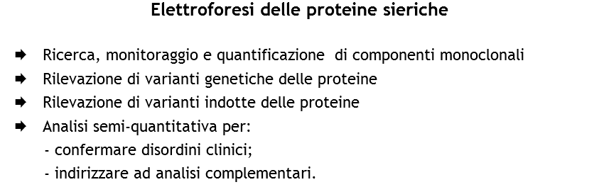 Elettroforesi delle proteine sieriche Æ Ricerca, monitoraggio e quantificazione di componenti monoclonali
Æ Rilevazione di varianti genetiche delle proteine
Æ Rilevazione di varianti indotte delle proteine
Æ Analisi semi-quantitativa per: - confermare disordini clinici; - indirizzare ad analisi complementari.